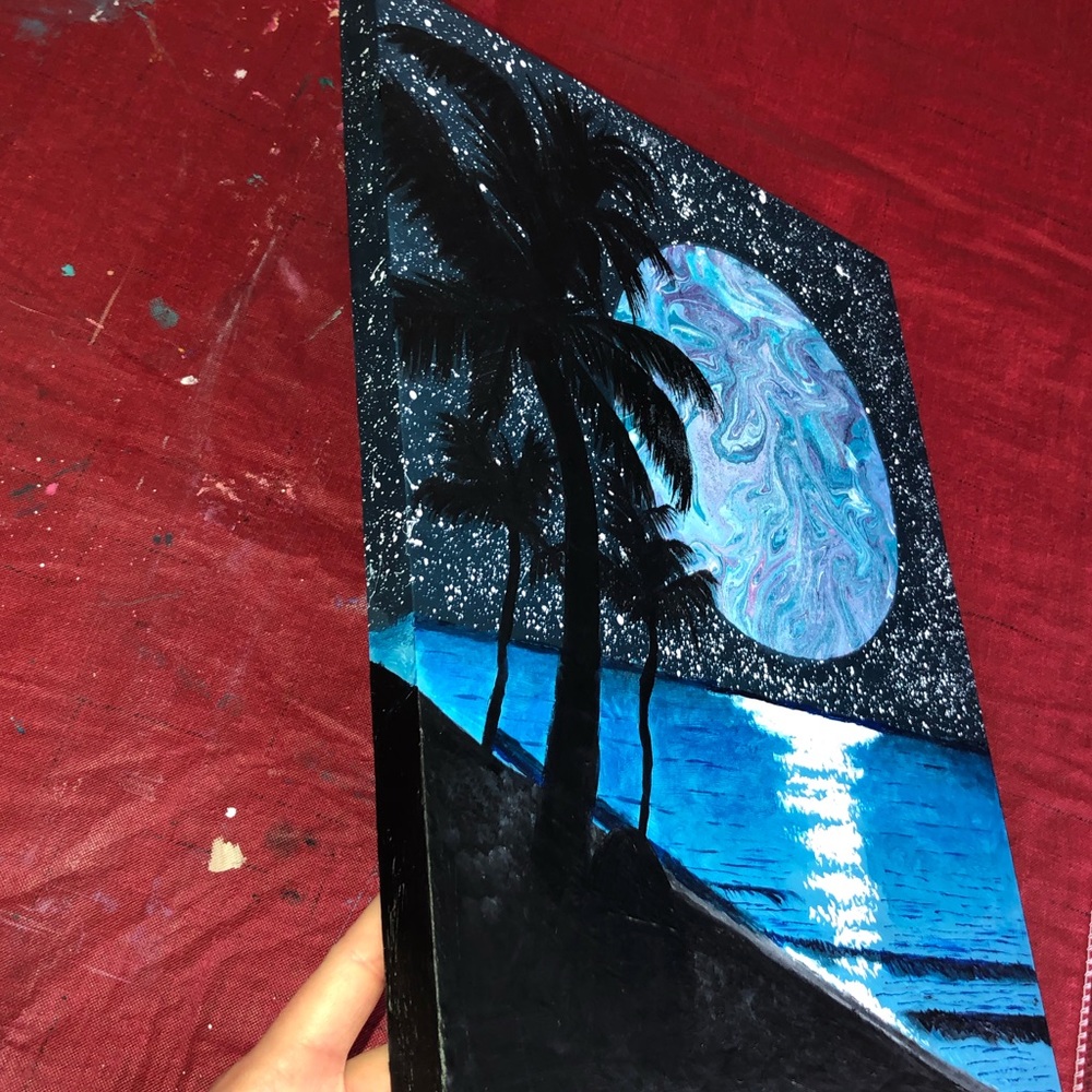 14 x 11 Acylic Pour Wood Moon Painting - Picture 2 of 3